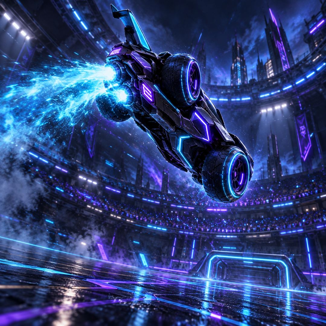 Rocket-powered car flipping mid-air in a neon arena